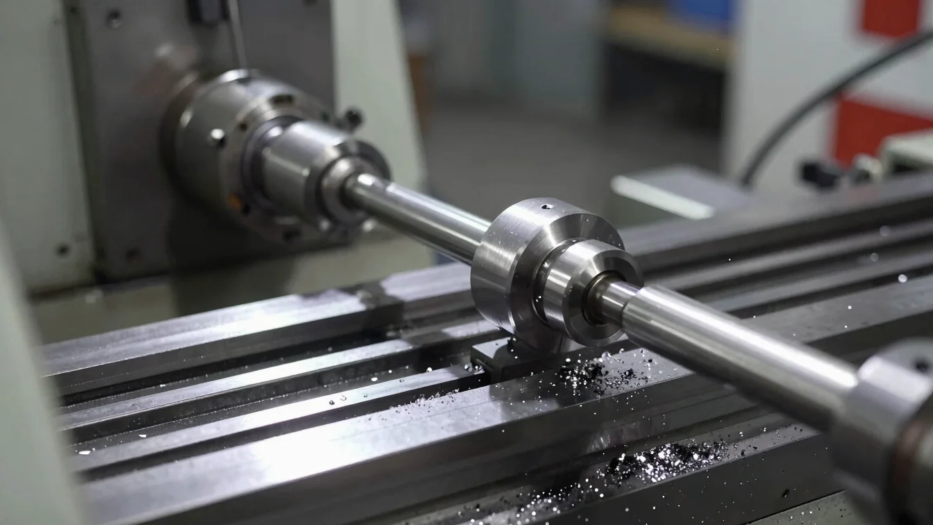 Tight close-up of a CNC metal lathe turning a steel component with metallic shavings and bright directional workshop lig