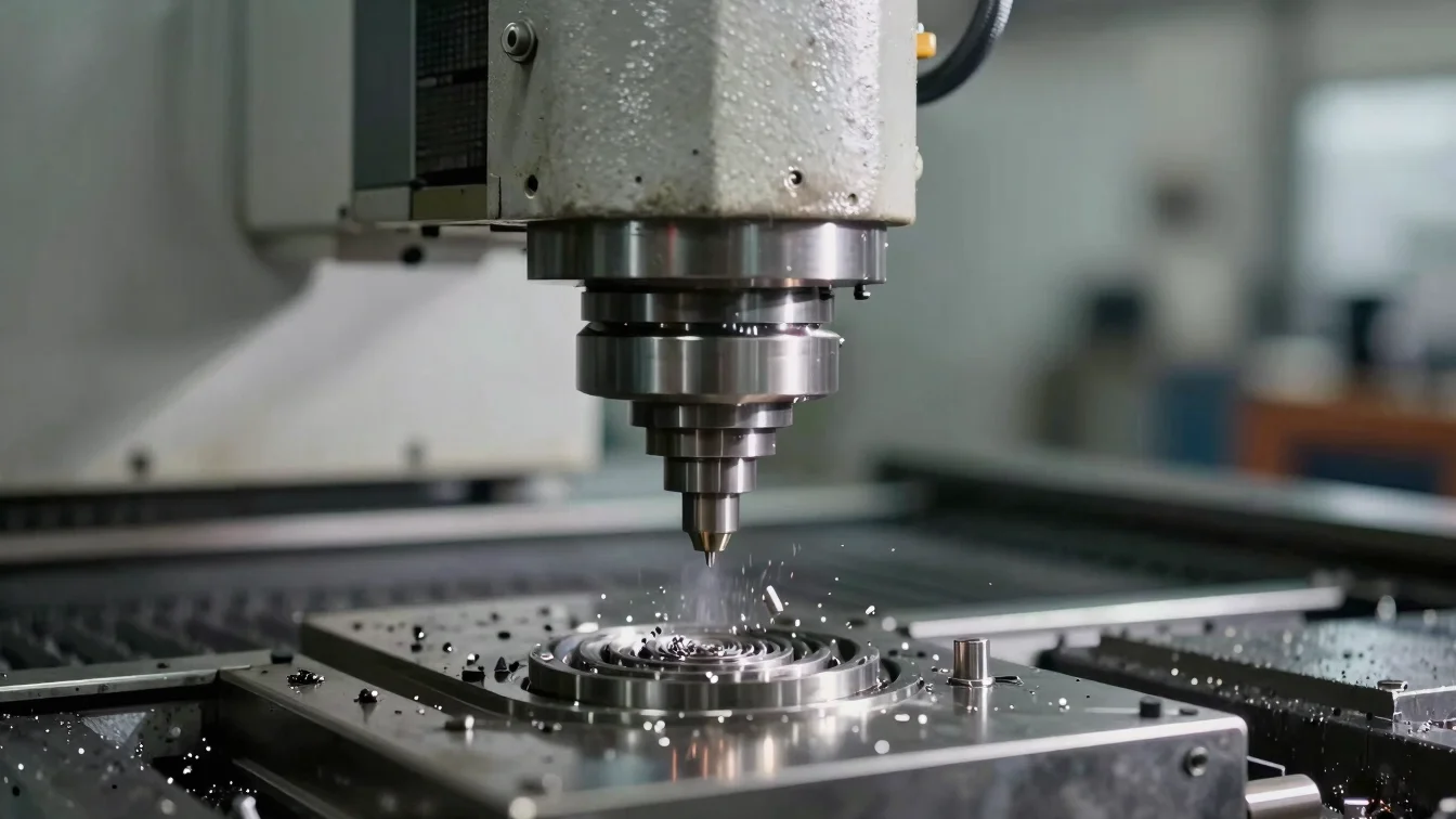 Close-up of a CNC milling machine in operation, metal shavings fl