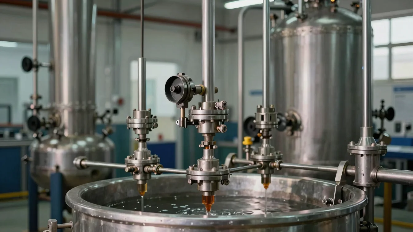Industrial chemical bath treatment station with steel components suspended over precision fluid tanks