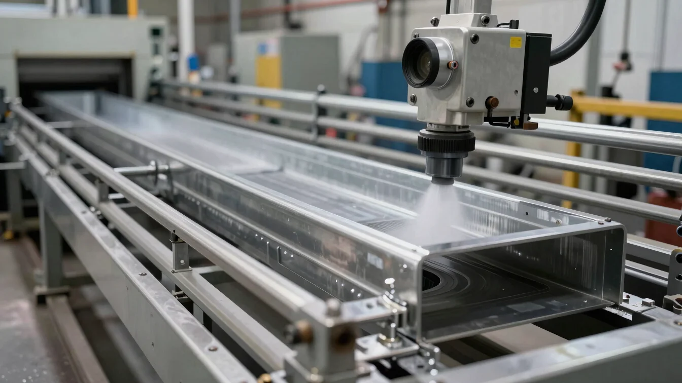 Automated powder coating application line spraying protective finish on finished metal fabrications