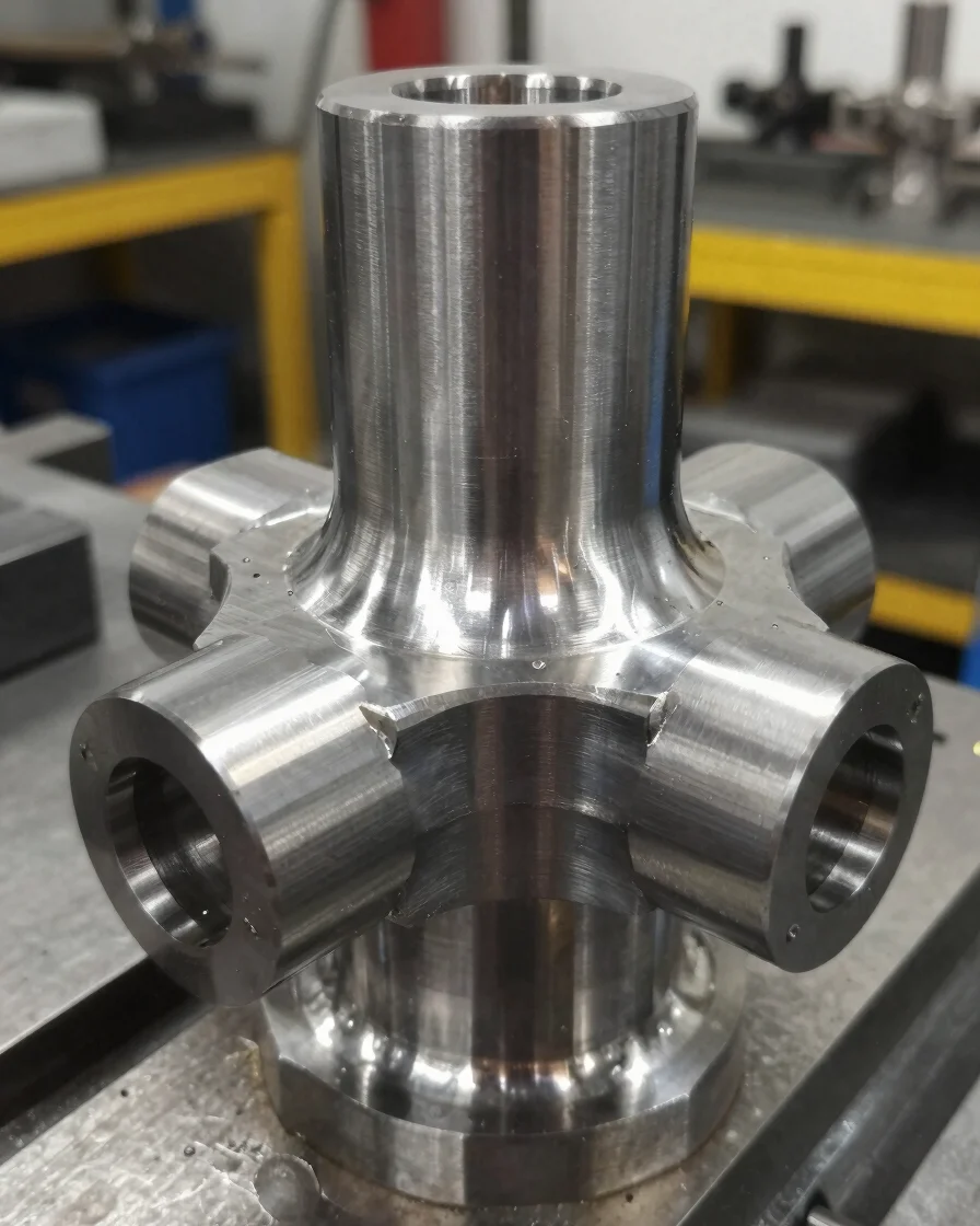 Close-up of a precision CNC milled steel component with bright metallic specular highlights in an industrial shop, 35mm