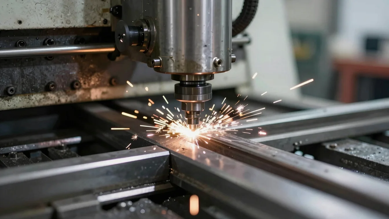 Close-up of CNC machine cutting metal, bright sparks, shallow dep
