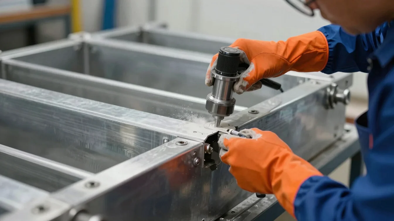 Technician applying powder coating to a metal part, vivid safety