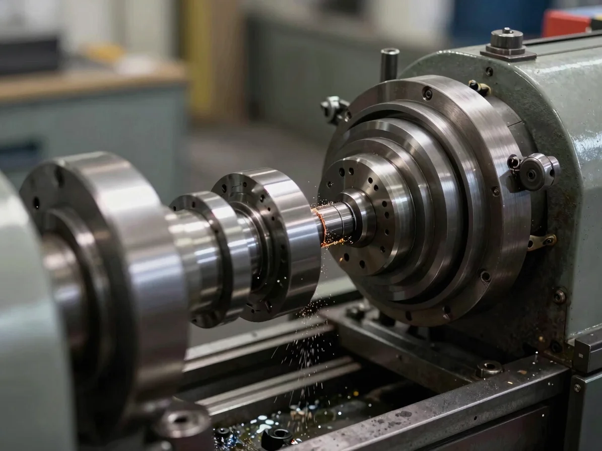 Metal lathe producing fine shavings, close-up, sharp detail, 35mm