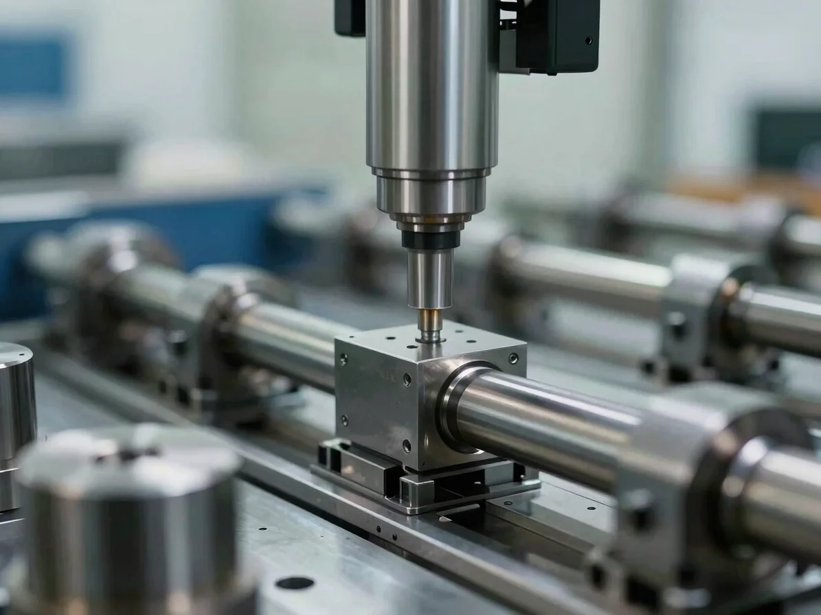 High-precision finished metal components undergoing quality inspection, shallow depth of field, 35mm