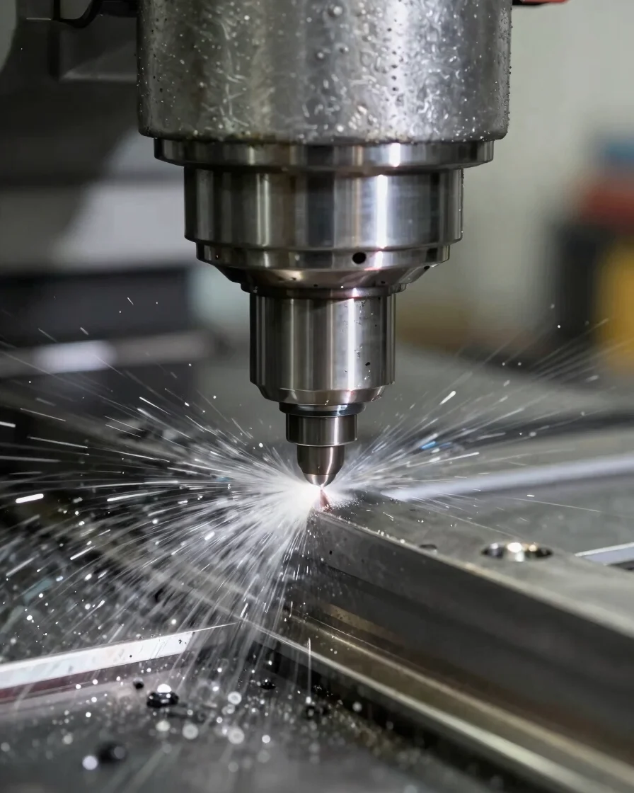 Tight macro photograph of a CNC mill cutting steel with bright coolant spray, specular metallic highlights, crisp 35mm i