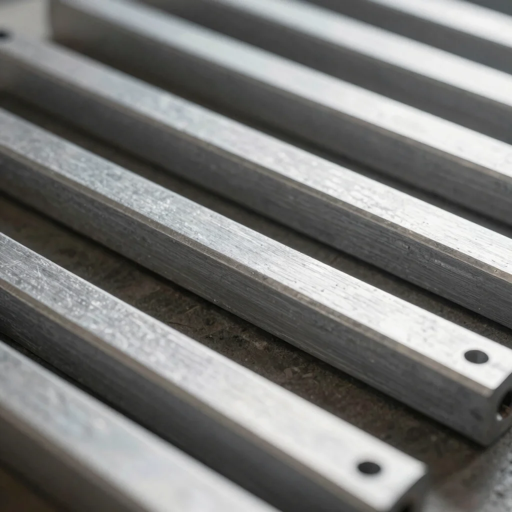 Macro shot of a powder-coated metal part, uniform finish, bright workshop directional lighting, metallic sheen, 35mm