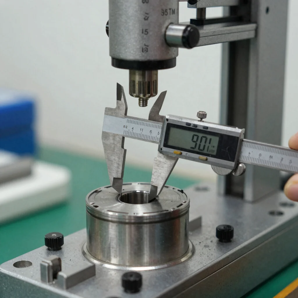 Detail shot of a component undergoing final dimensional inspection with a digital caliper, crisp industrial photography,