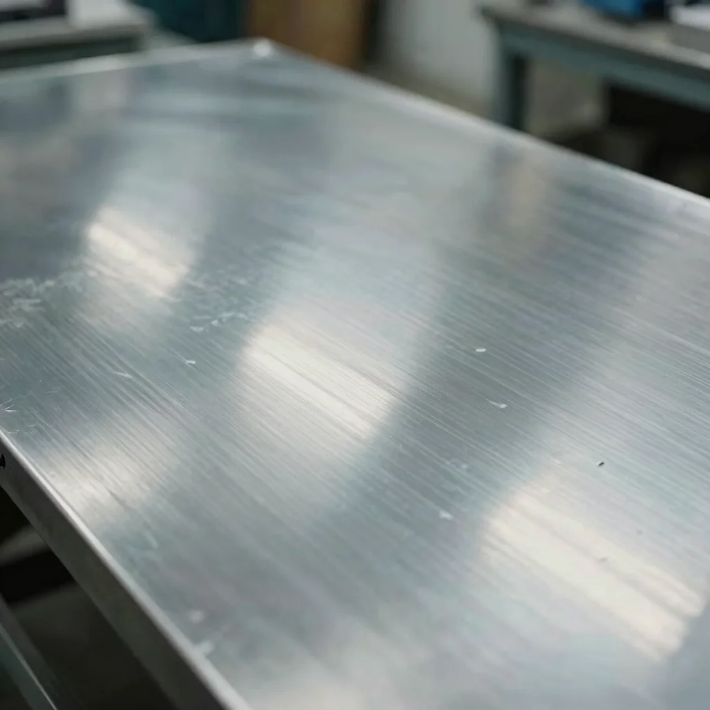 Close-up of electroplated metal surface, reflective and smooth, cool ambient workshop tones, metallic specular highlight