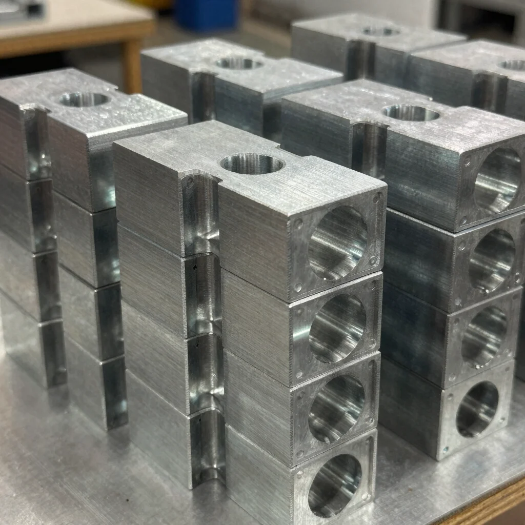 View of multiple finished fabricated metal parts stacked, showing consistent quality and finish, bright workshop lightin