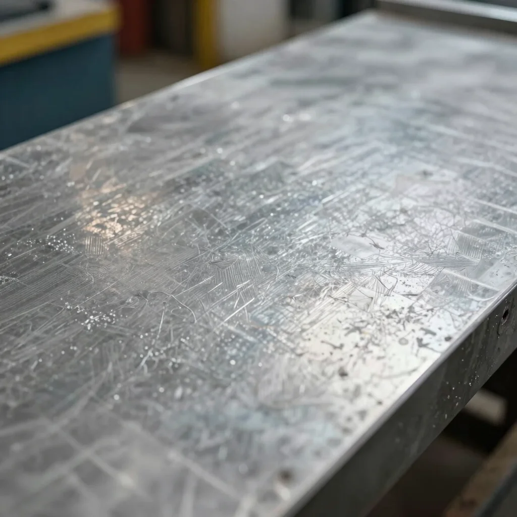 Textured surface of a treated metal component, showing resilience and protective layer, shallow depth of field, 35mm